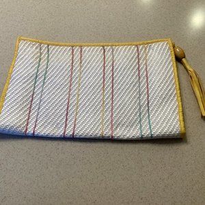 Vintage ~ Ladies White Flat Straw Clutch Handbag Rainbow Stitching Yellow Tassel